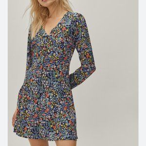 Nasty Gal Button Down V Neck Floral Print Tea Mini Dress Size 8